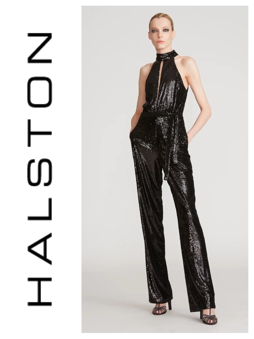 HALSTON Ash Sequin Halter Jumpsuit